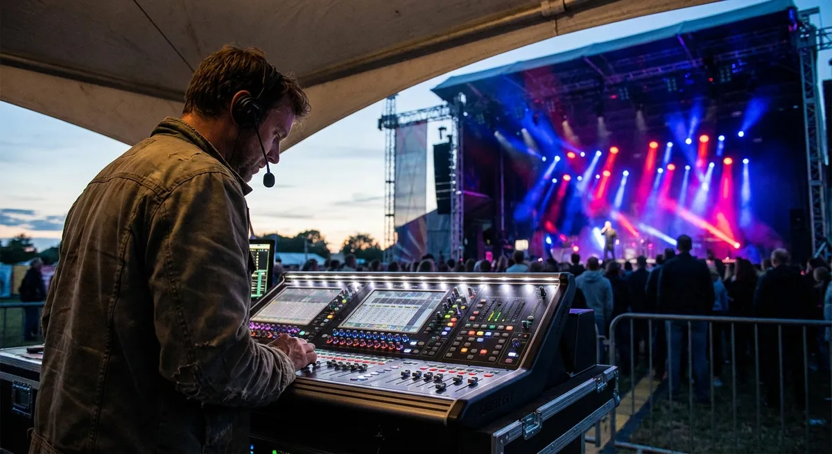 Concert en plein air avec foule et scène éclairée