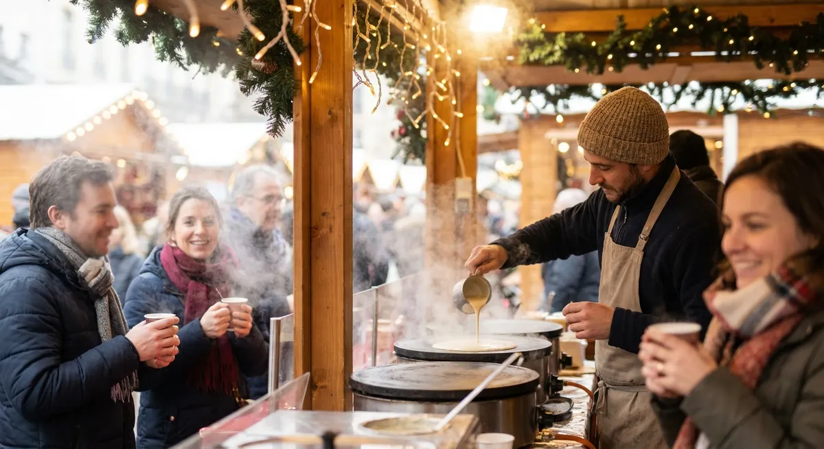 Stand de marché de Noël avec décorations festives