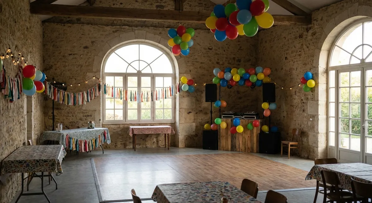 Fête dans une salle des fêtes décorée